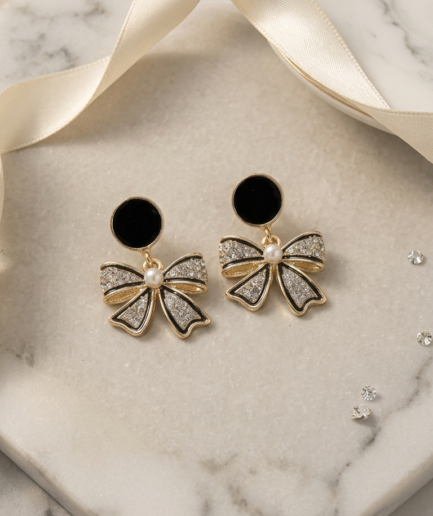 Black Dot Bow Drop Earrings